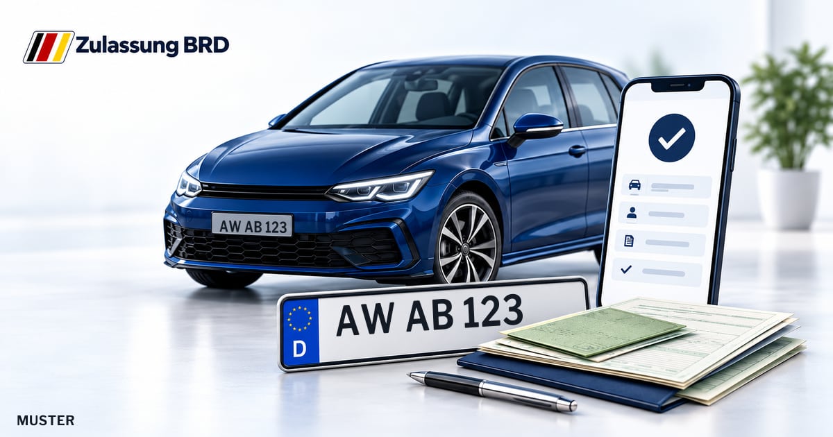 Online Fahrzeugzulassung in Sinzig: Musterkennzeichen AW AB 123, Auto und Fahrzeugpapiere und Smartphone. Illustration mit Logo von Zulassung BRD.